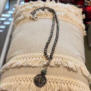 Silver Beaded Necklace with Replica Coin and Real Turquoise Pendant 28” Chain